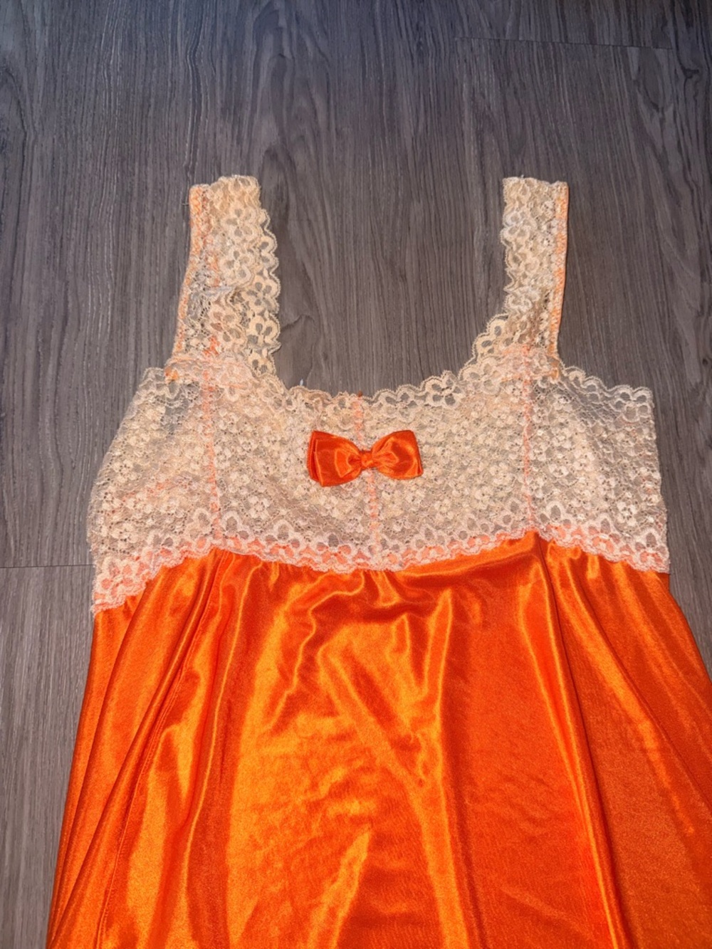 Orange Satin Nightgown with Cream Lace Trim - Picture 2 of 5